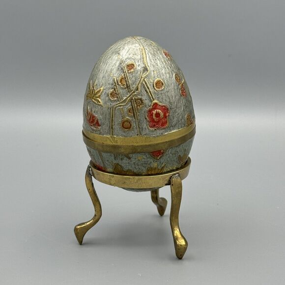 Vtg Handpainted Raised Floral Brass 2 Pc Egg Trinket Box with Brass Stand 5 inch - Picture 2 of 11